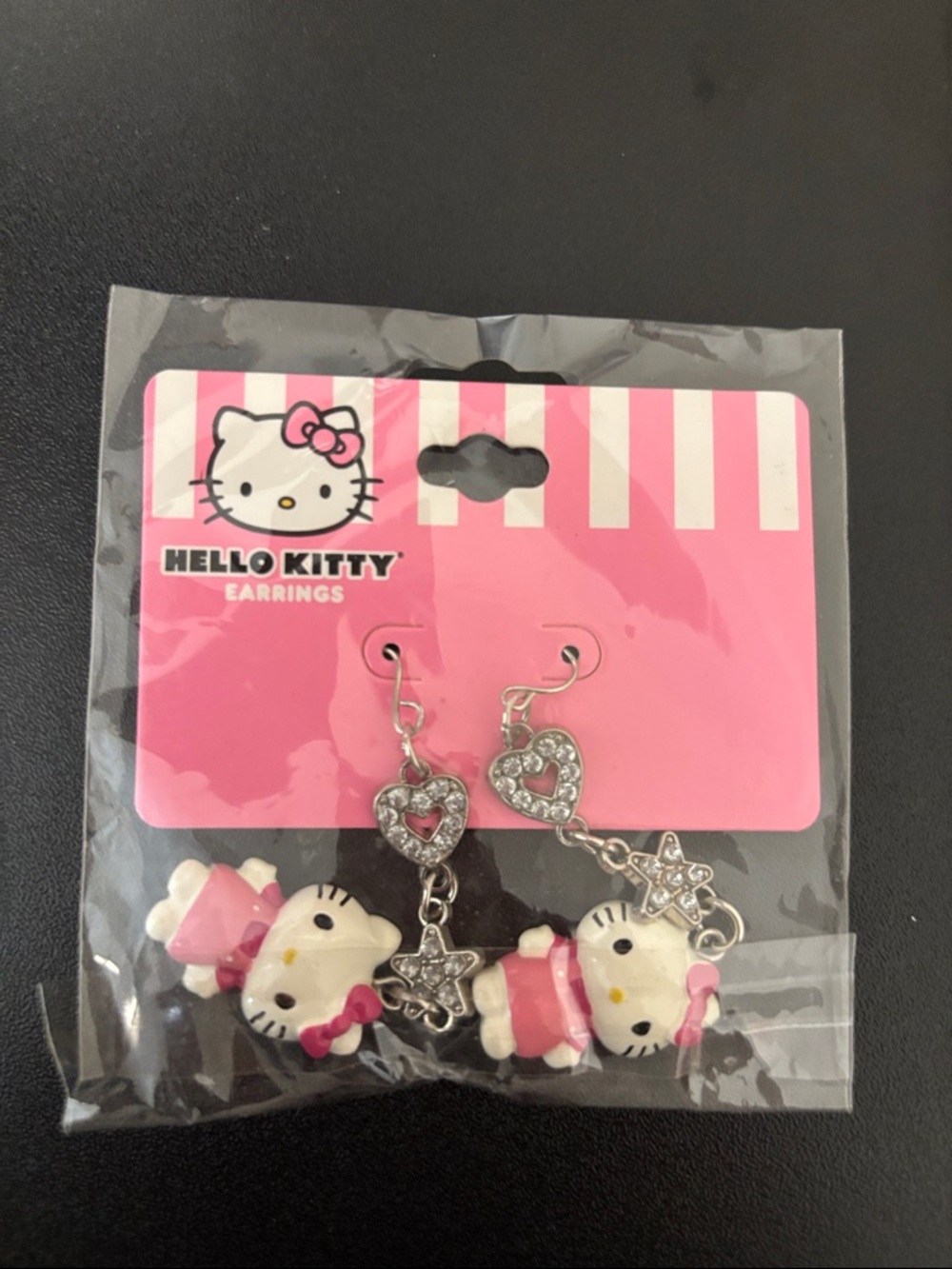 Hello Kitty Pink and White Dangle Earrings with Rhinestone Hearts and Stars
